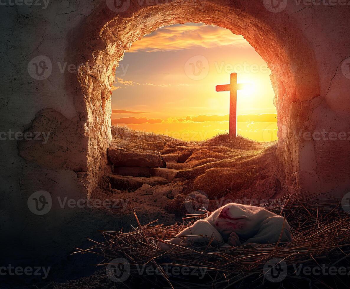 AI generated Empty Tomb With Crucifixion At Sunrise - Resurrection Concept photo