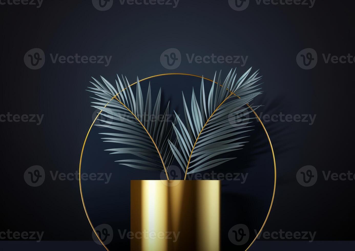 AI generated 3D Black Scene with Geometric Shapes, Palm Leaves, and a Cylindrical Gold and Black Podium on a Dark Background photo