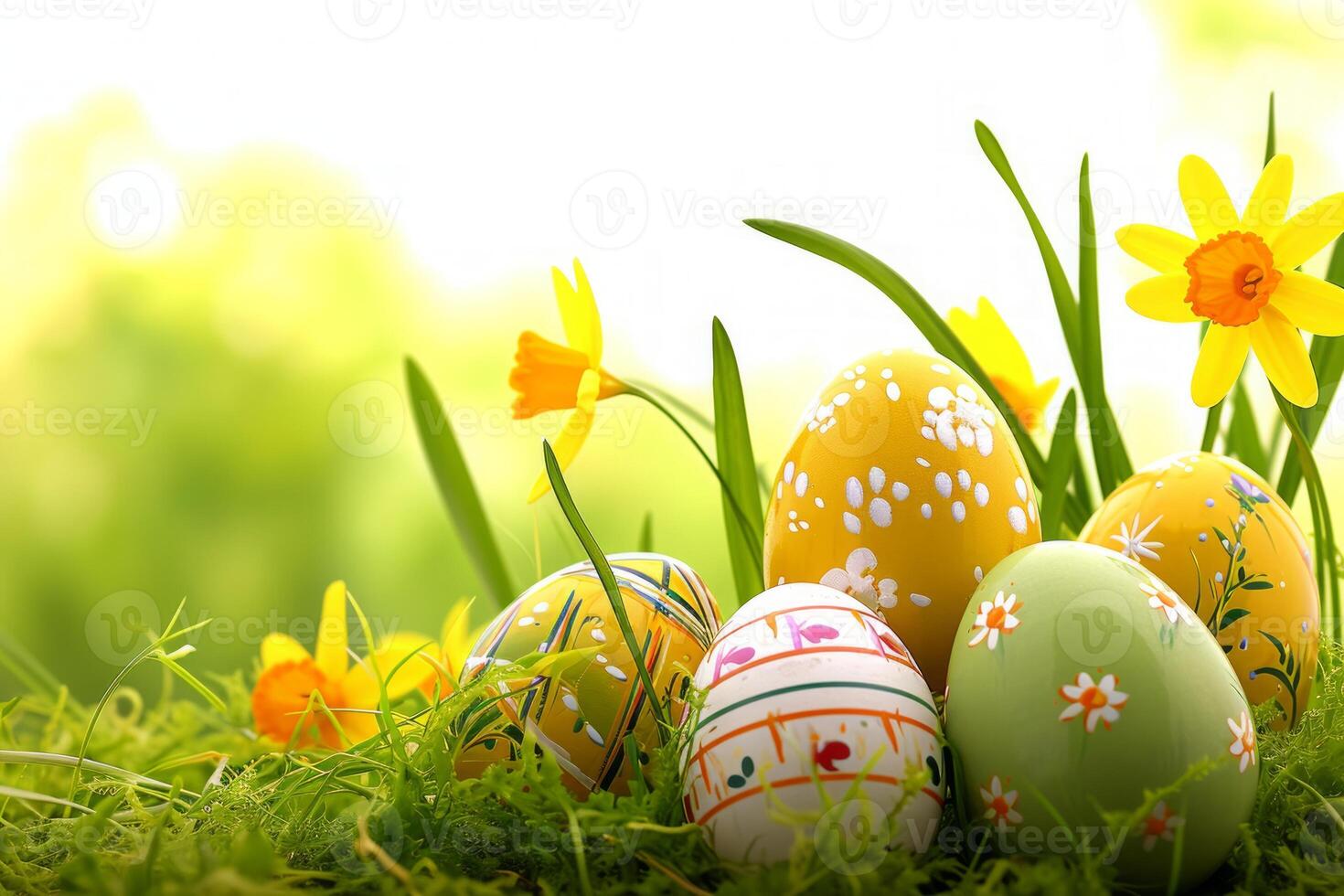 AI generated Easter eggs hiding in the grass with daffodil photo