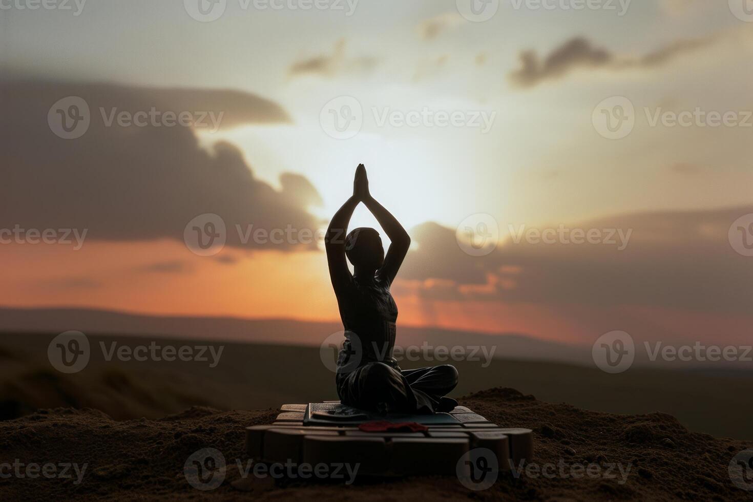 ai generado silueta de yoga facultativo meditando y haciendo ejercicio debajo el puesta de sol cielo foto