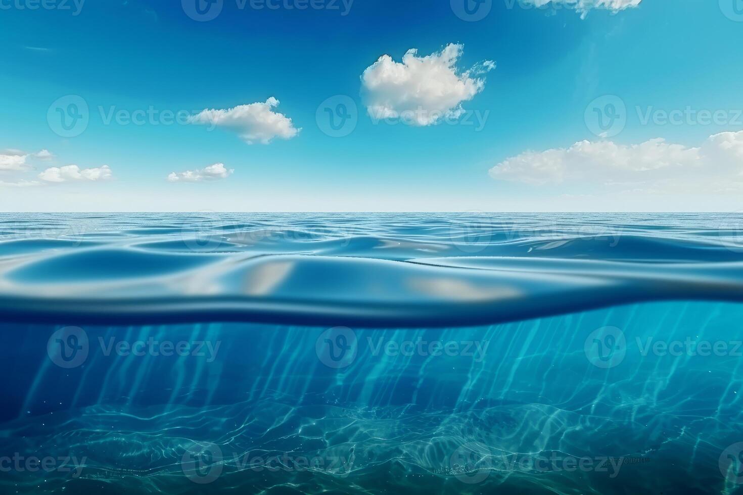 AI generated Blue sea ocean water surface and underwater with sunny and cloudy sky photo