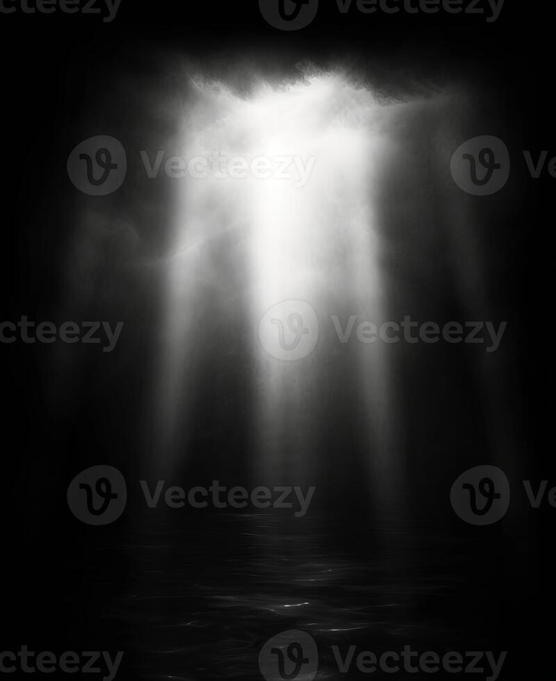 AI generated white light ray coming from top, light overlay isolated on black background photo