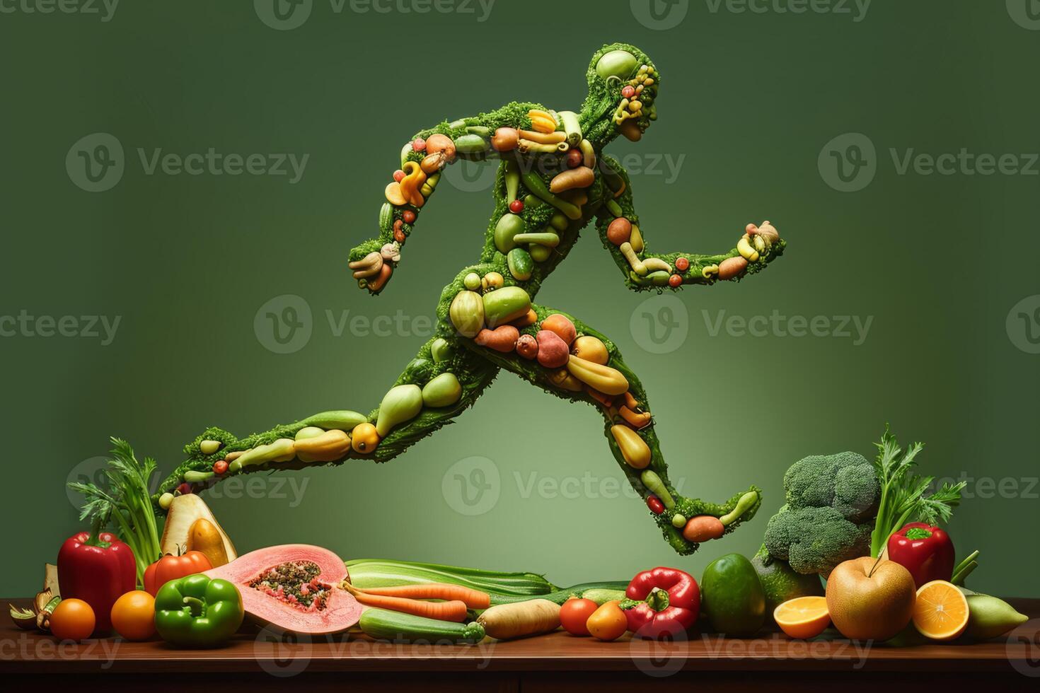 AI generated Running man made from fruit and vegetables. Concept on theme healthy lifestyle photo