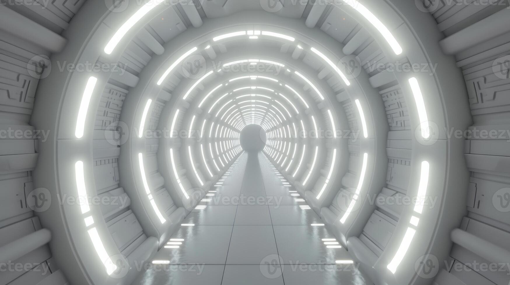 AI generated Realistic Illustration of a Futuristic Sci-Fi Corridor Interior, Bathed in White Light, Unveiling Clean and Minimalistic Aesthetics photo