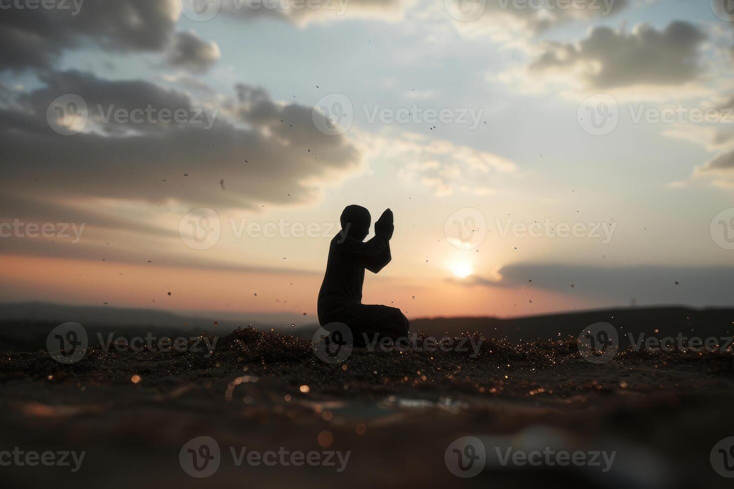 AI generated People raising hand and praying to god under the sunset sky photo