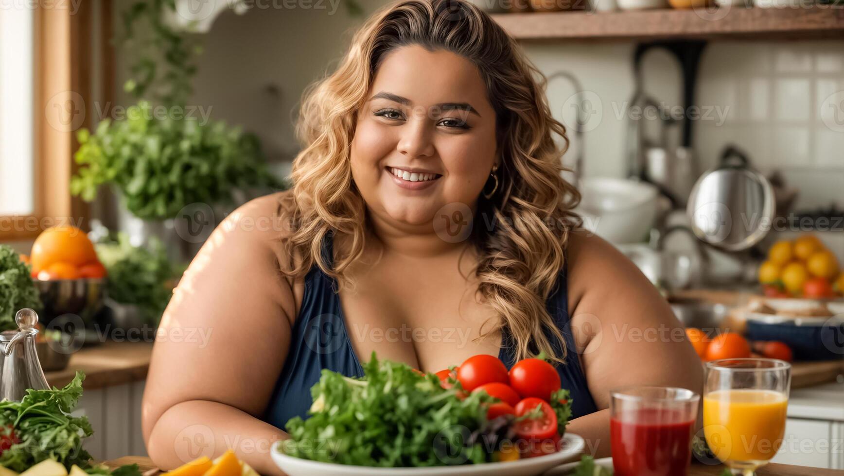 ai generado muy grasa mujer en el cocina con verduras, peso pérdida concepto foto