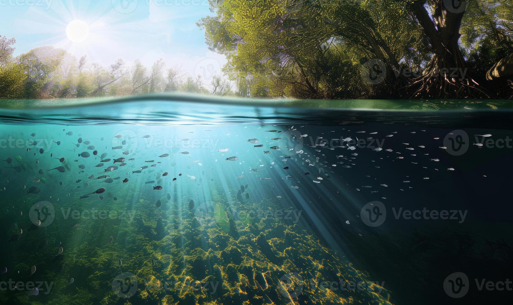 AI generated Design template with underwater part. light rays coming from the sun above the water, with fish swimming in the water photo