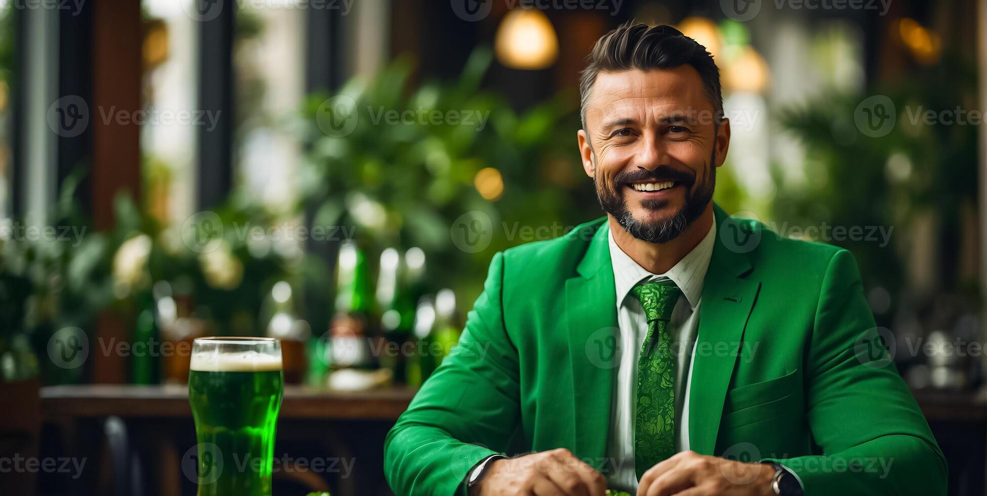 AI generated Man with Glass of Green Beer at Bar photo