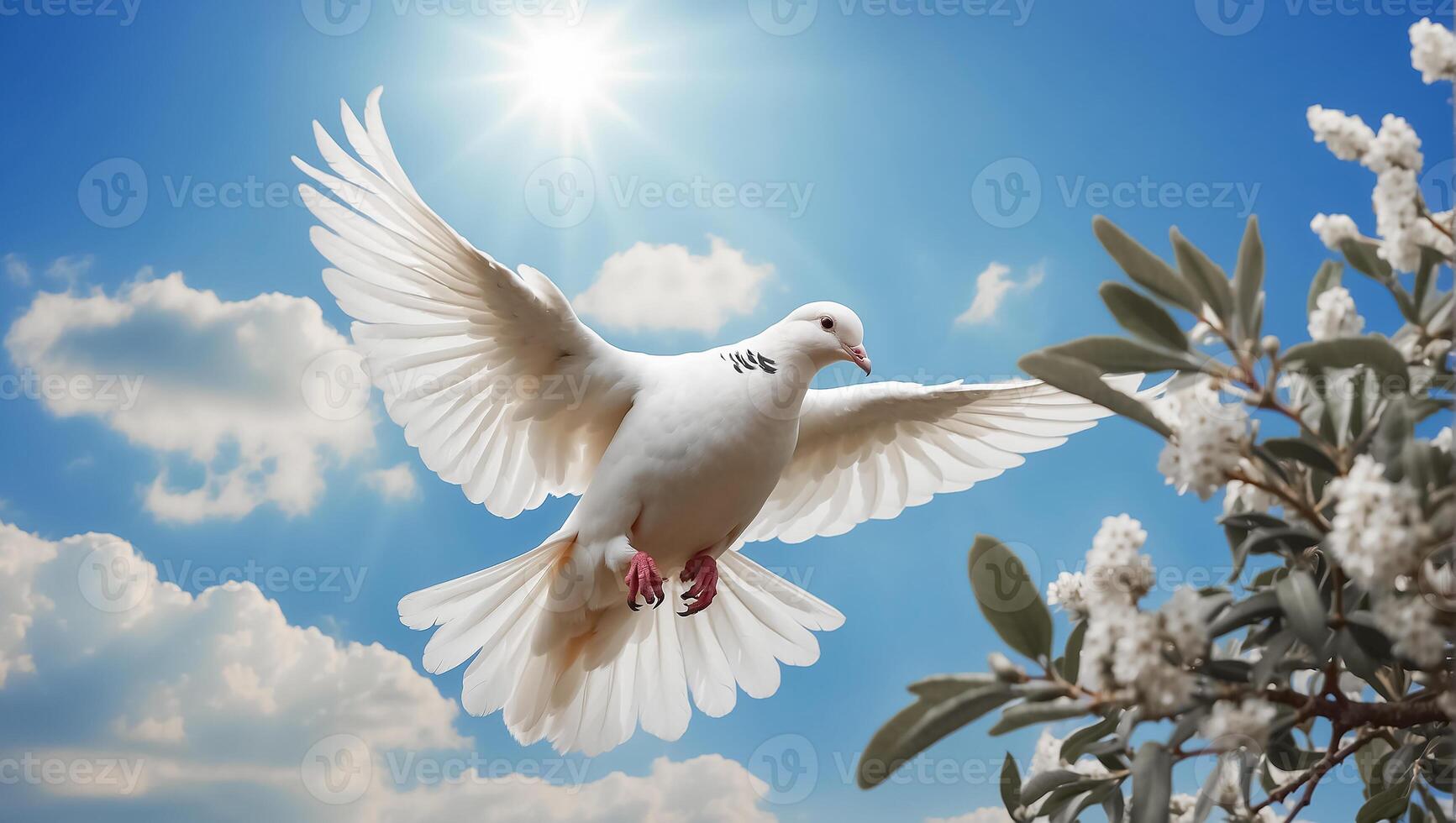 AI generated White dove against the sky with clouds, branch photo