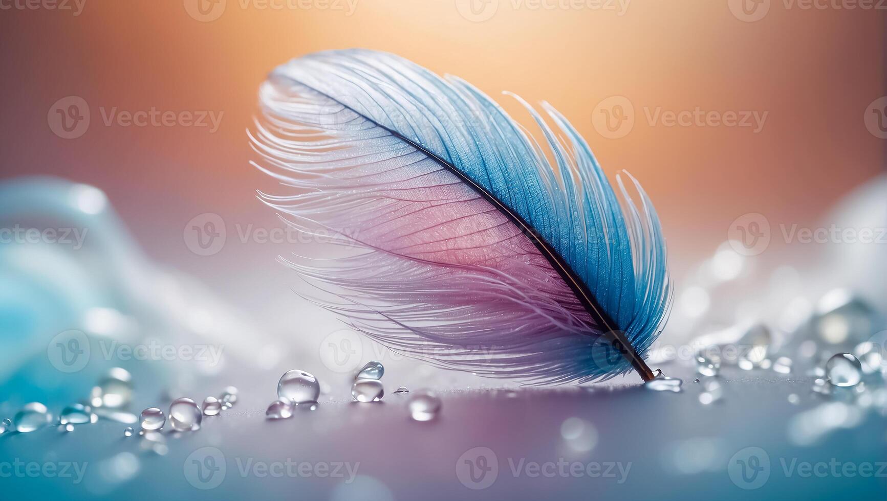 Beautiful feather, drop of water, color background photo