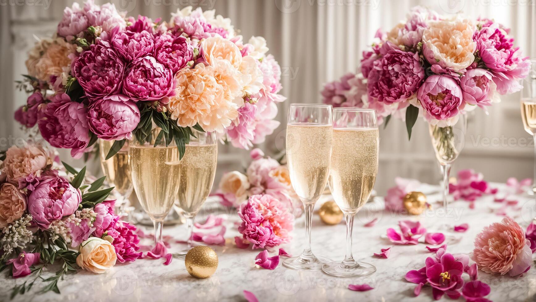 AI generated Glass of champagne, bouquet of flowers background photo