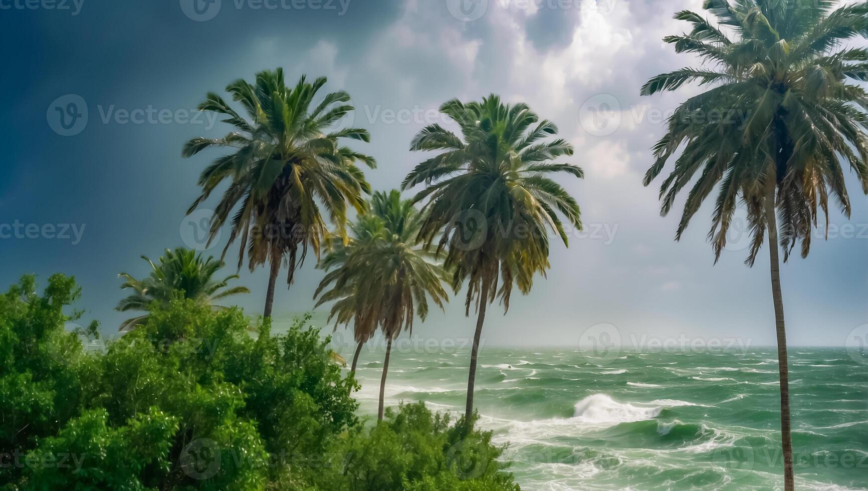 AI generated Strong wind tropical storm palm trees, ocean shore photo