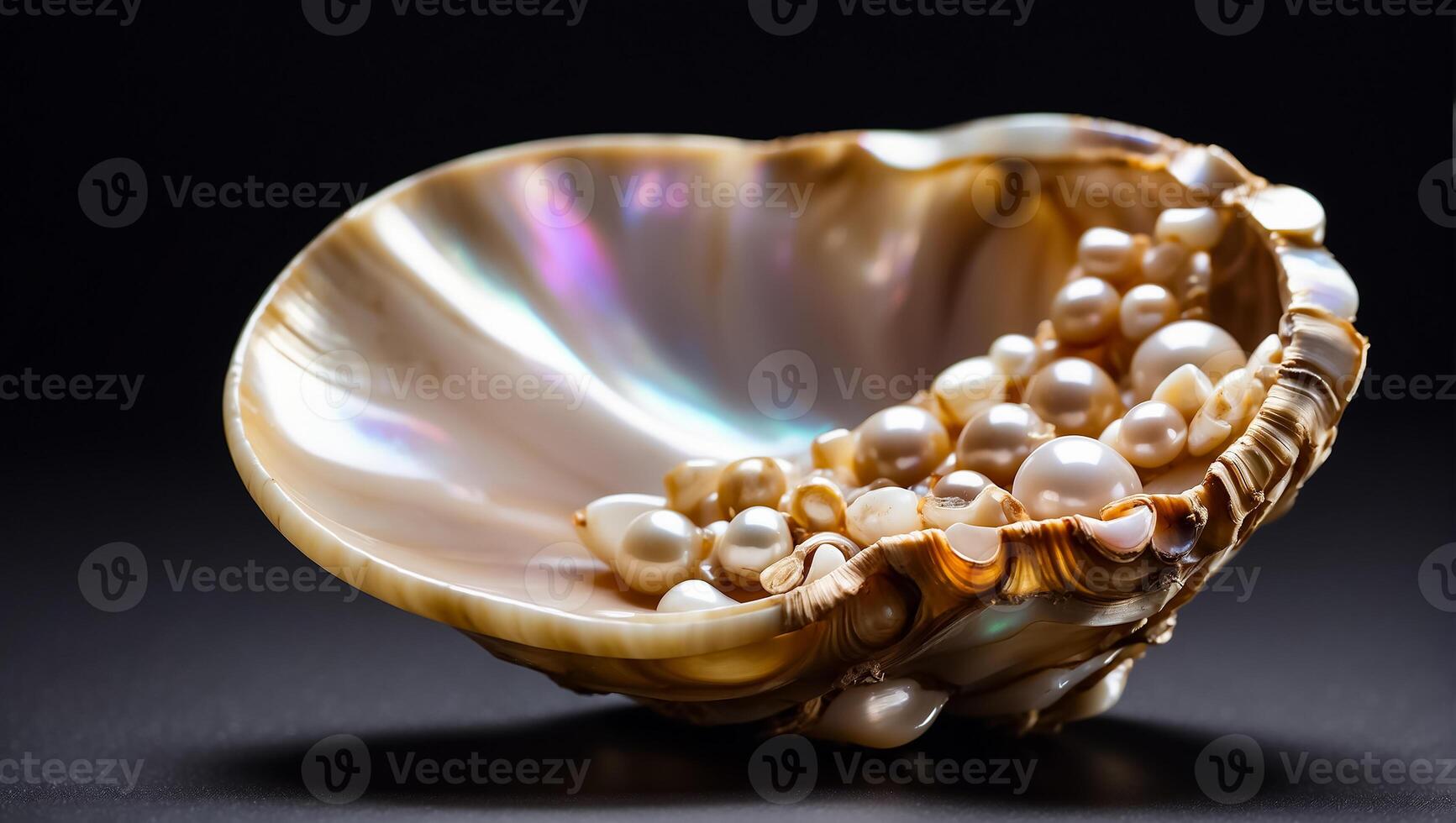 AI generated Beautiful shell with pearls on a dark background photo