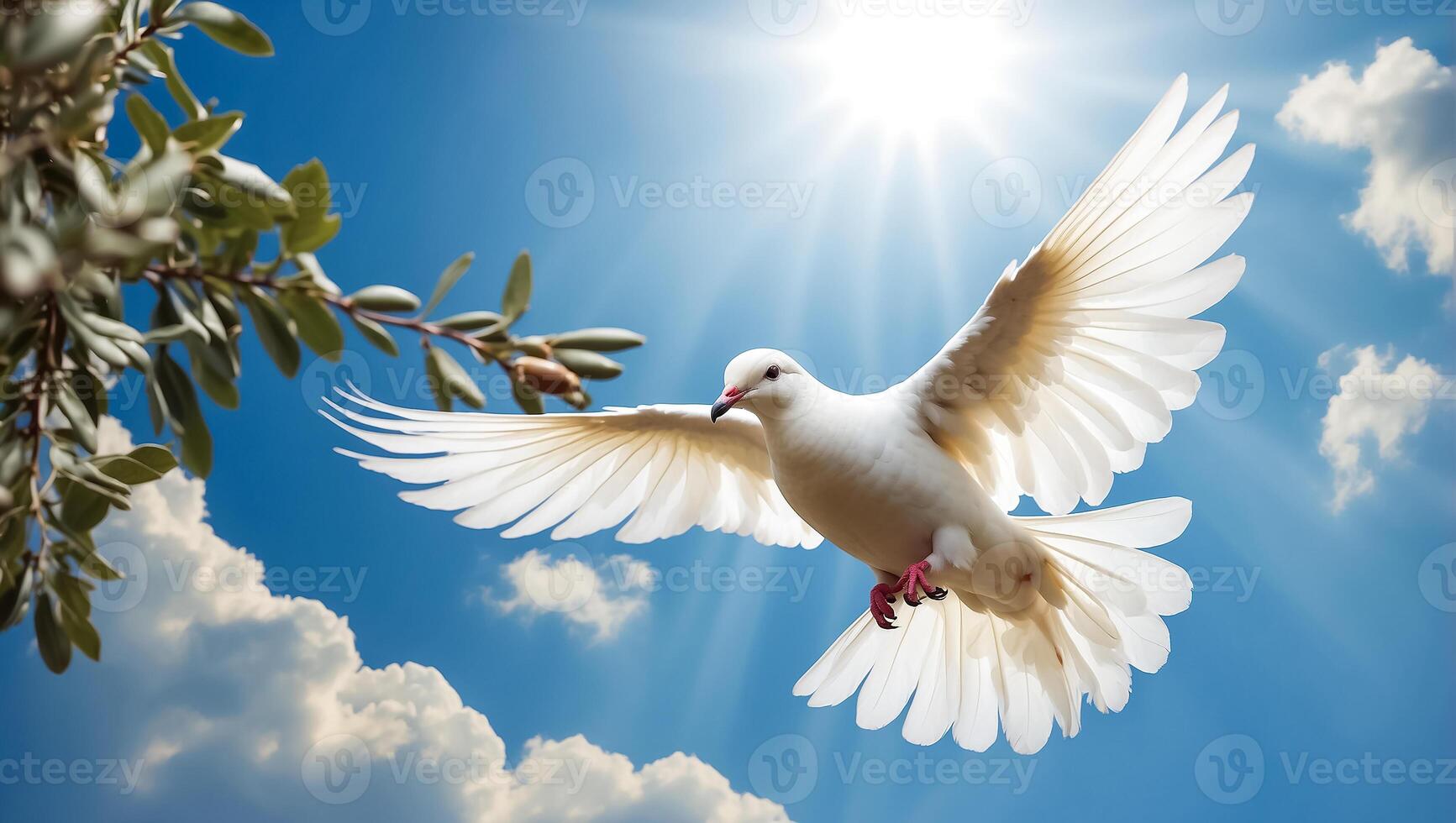 AI generated White dove against the sky with clouds, branch photo