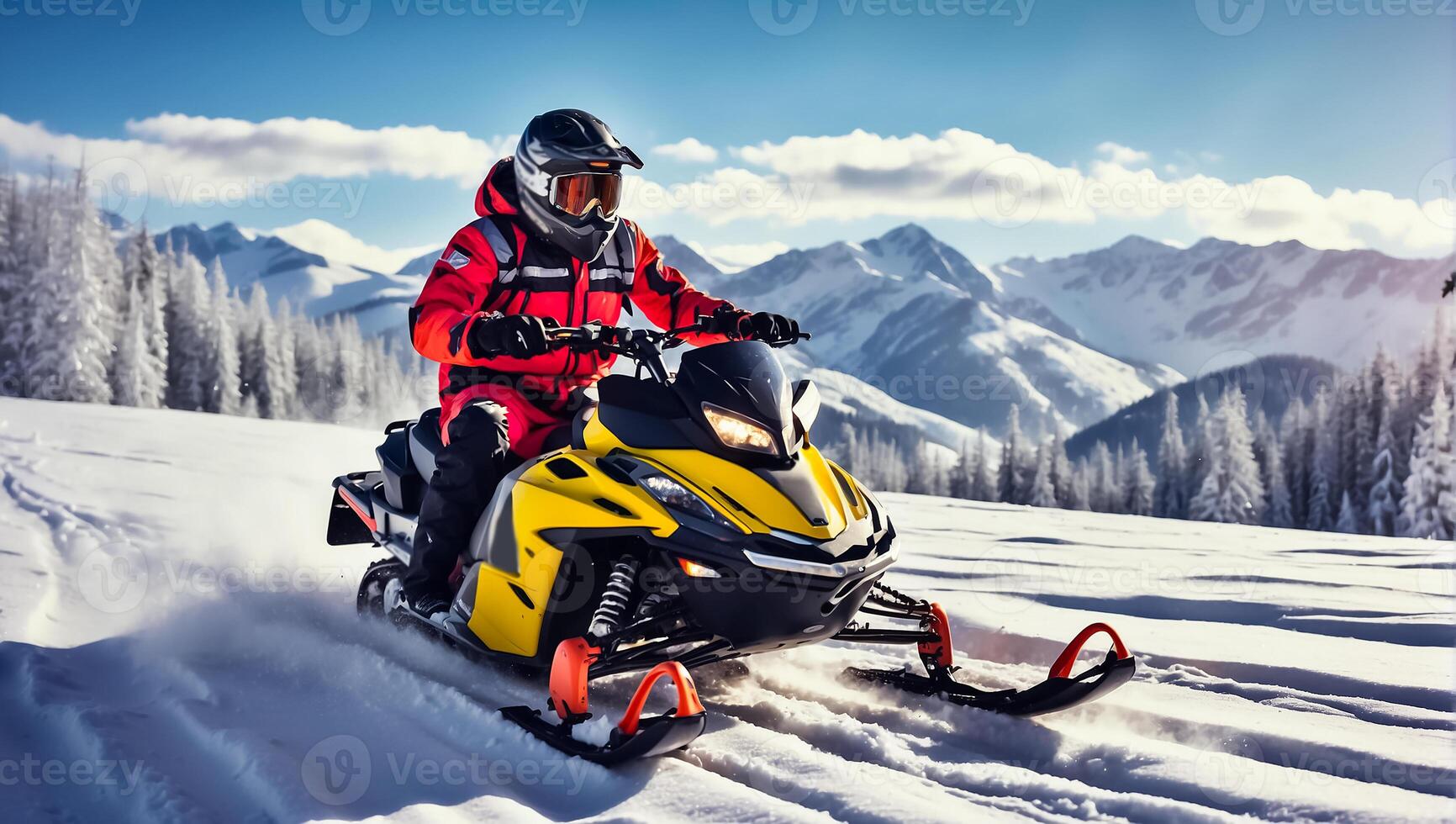 AI generated Racers ride a snowmobile in a winter suit in a beautiful magnificent snowy forest, mountains photo