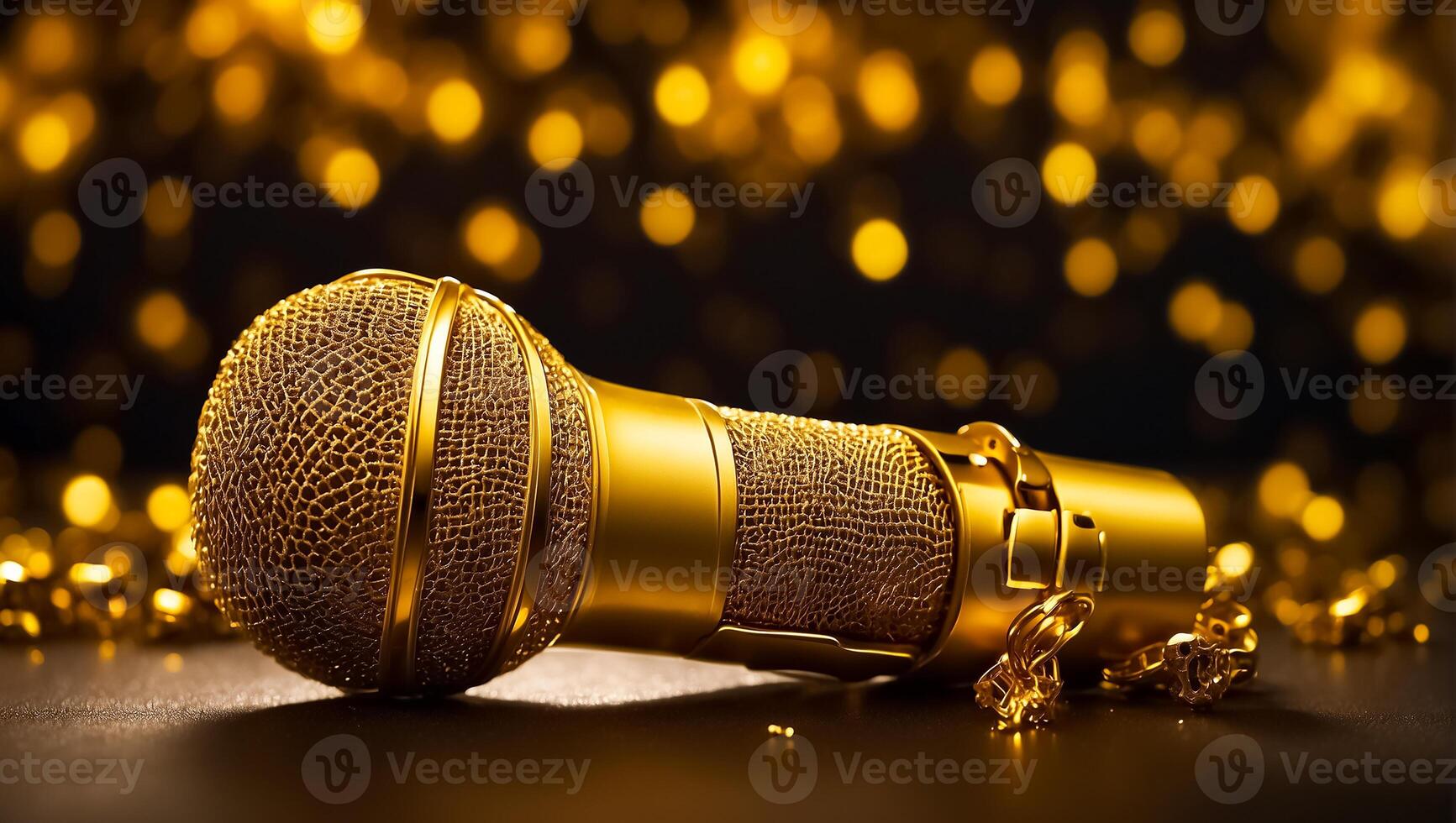 AI generated Beautiful golden microphone on a dark background photo