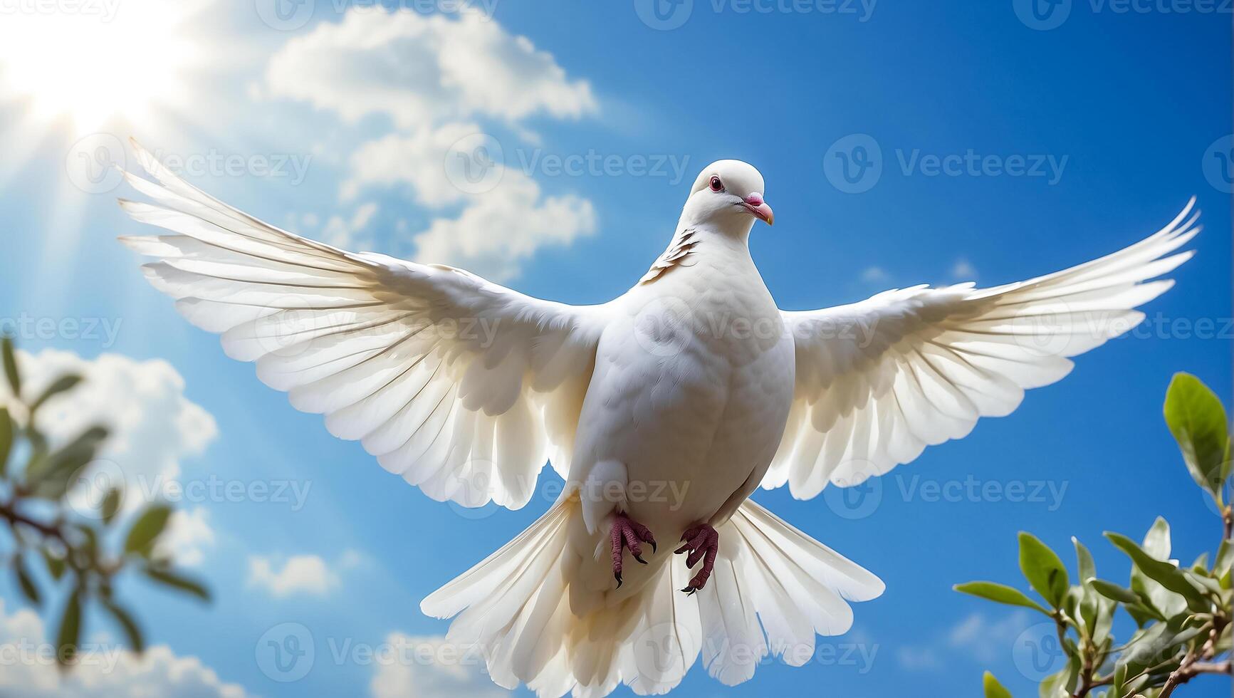 AI generated White dove against the sky with clouds, branch photo