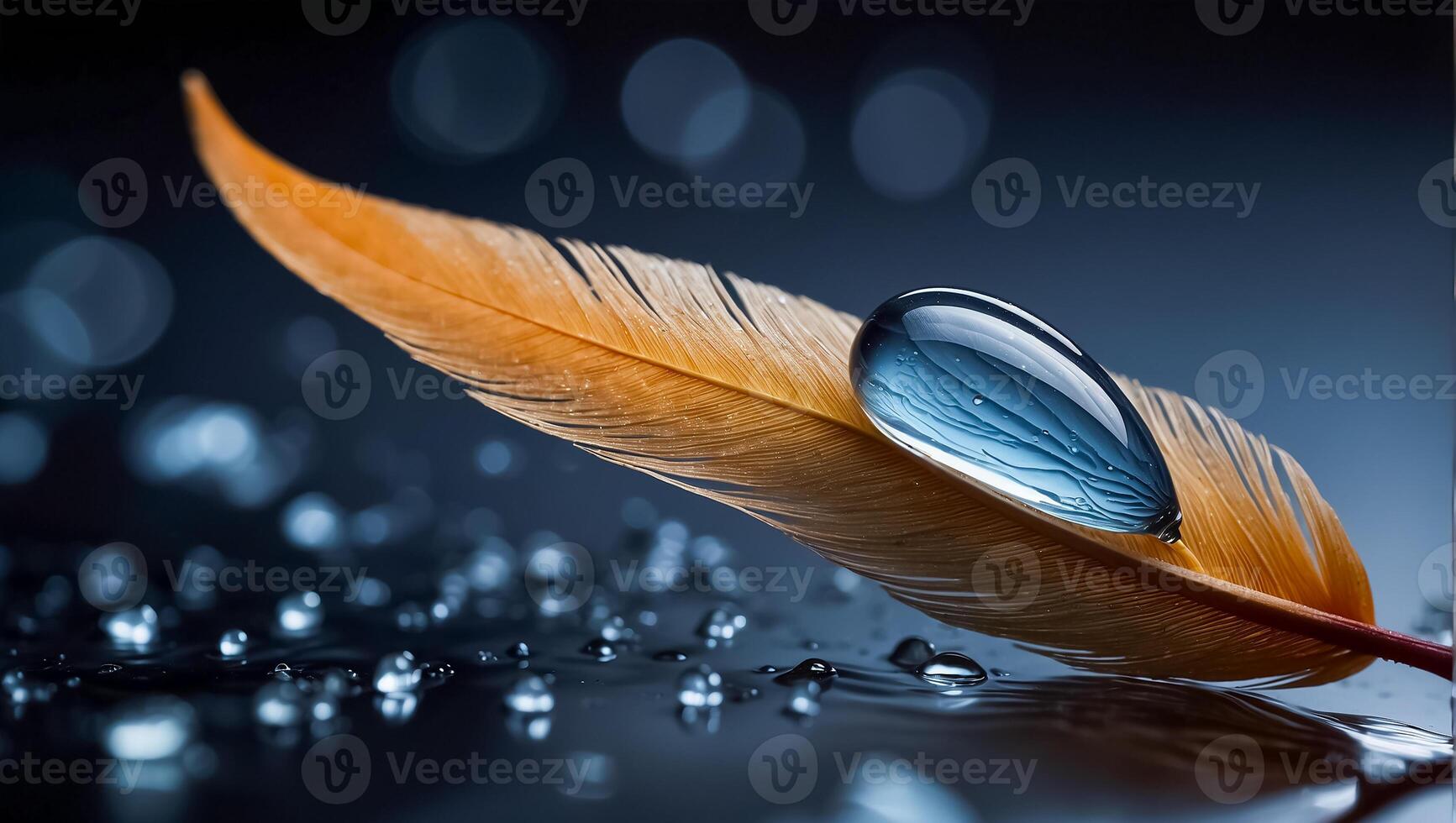 AI generated Beautiful feather, drop of water dark background photo