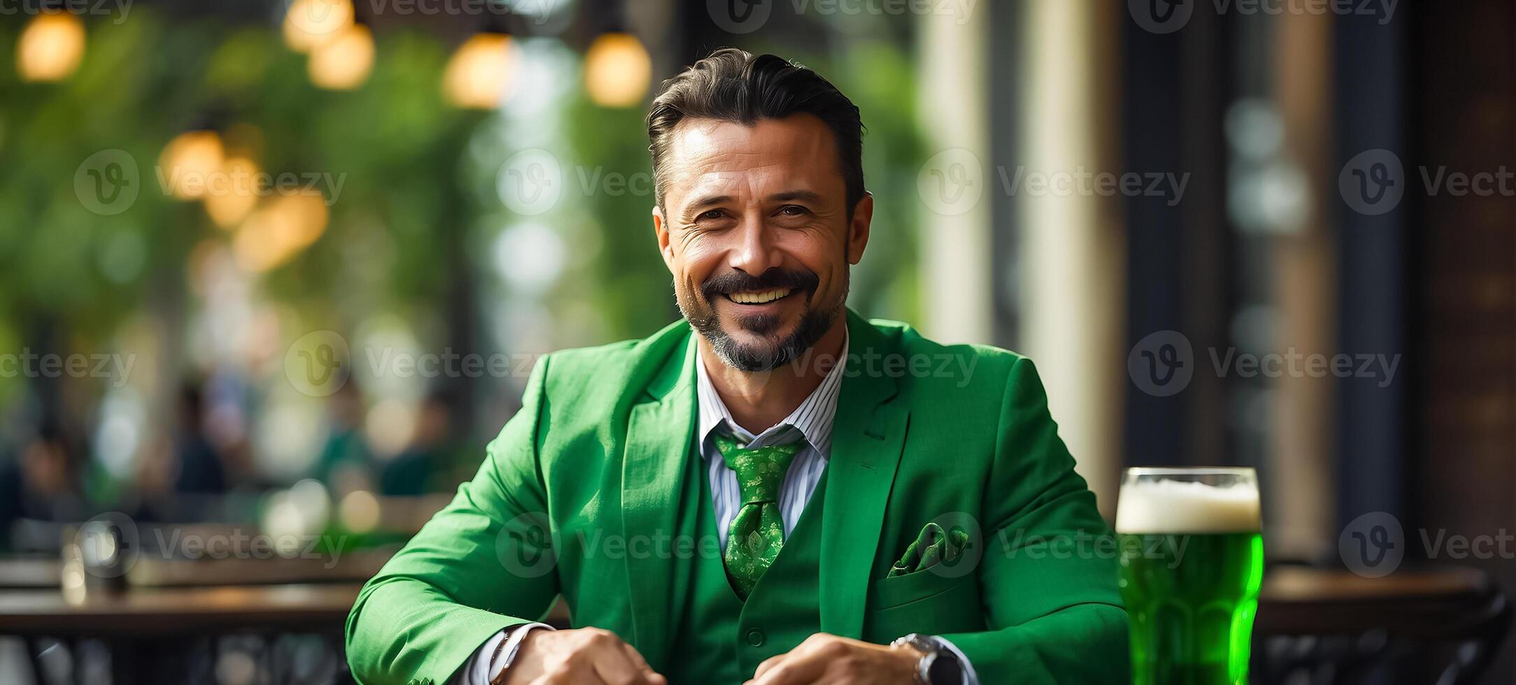 AI generated Man with Glass of Green Beer at Bar photo