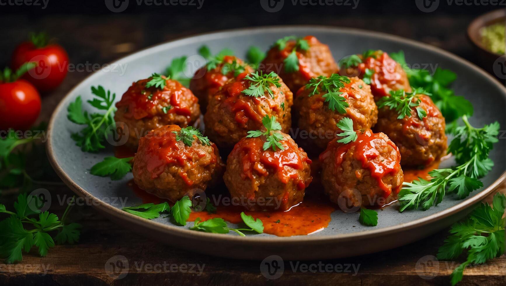 AI generated Delicious appetizing meatballs in tomato sauce on the table photo