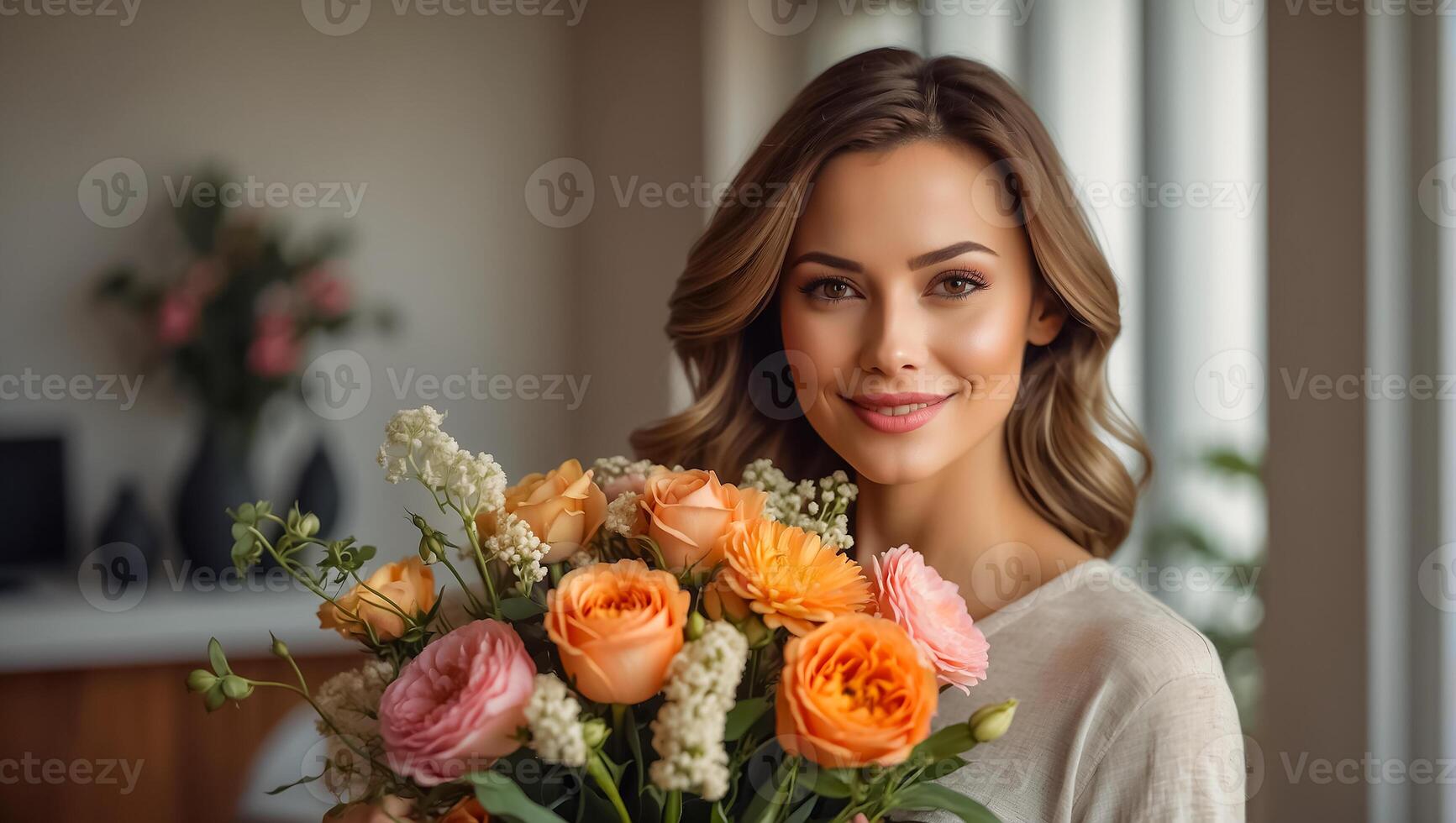 AI generated Portrait of a beautiful woman with a bouquet of flowers in the living room photo
