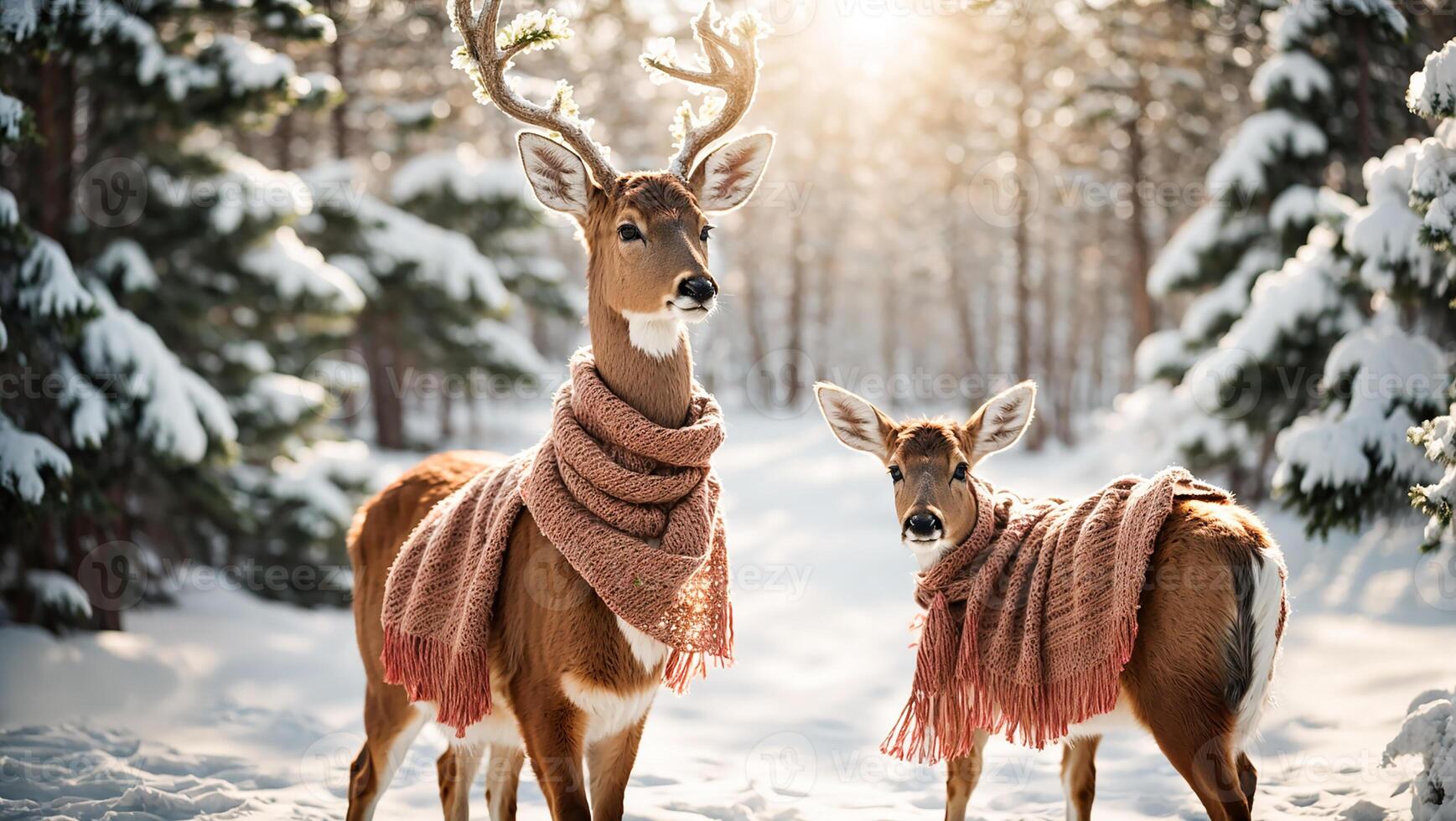 AI generated cute deer in the winter forest photo