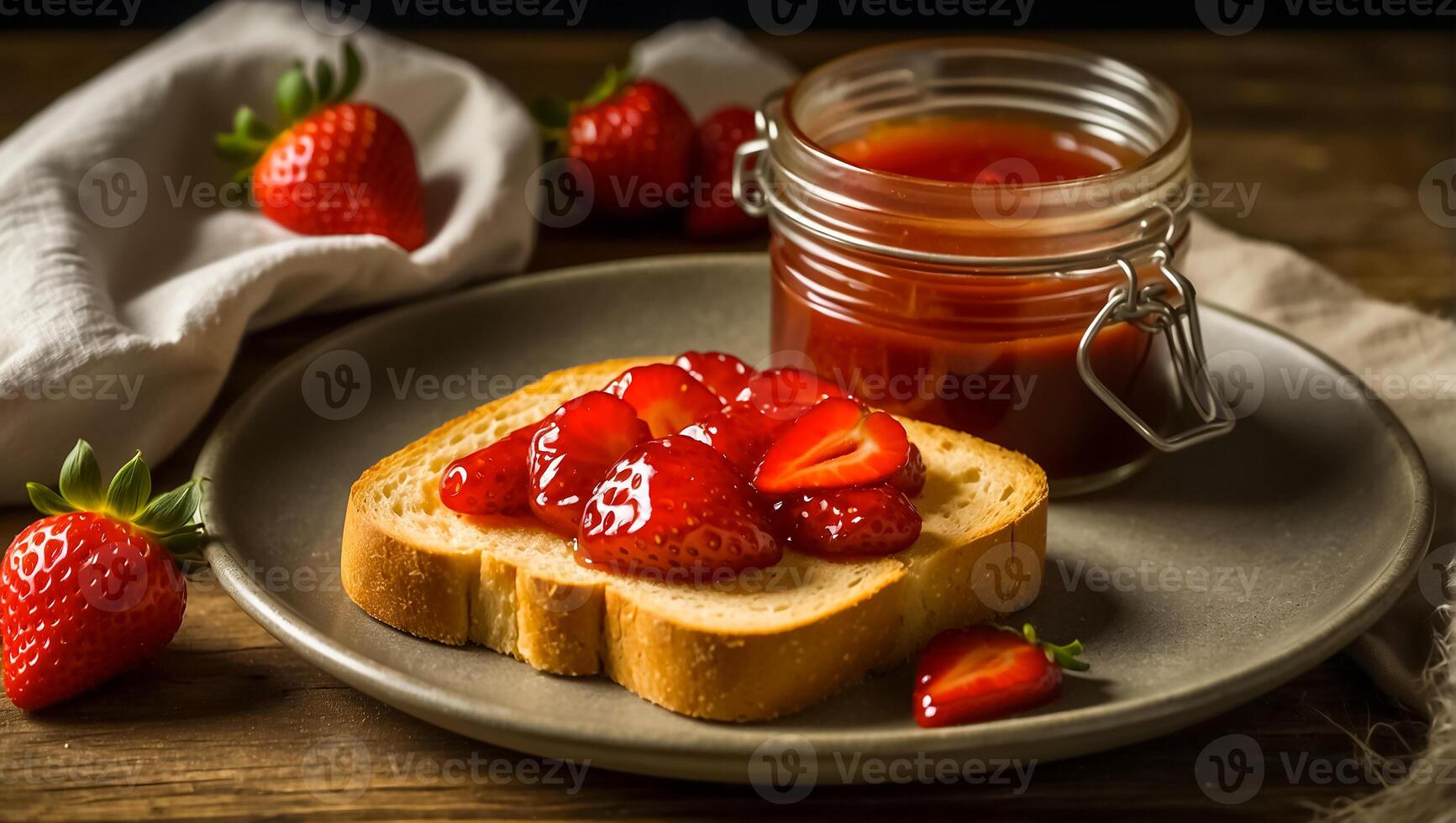 AI generated Delicious appetizing bread with strawberry jam on the table photo