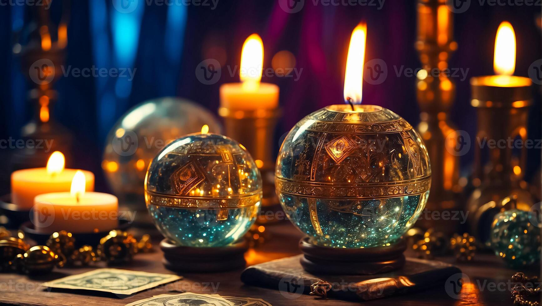 AI generated Magic ball, candles background photo