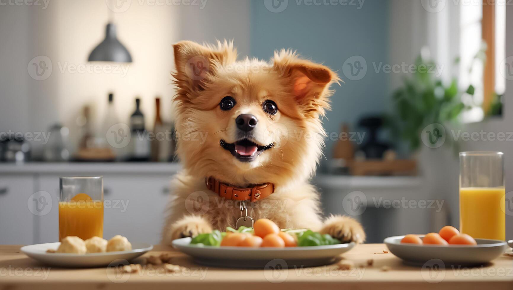 AI generated Cute dog sitting in the kitchen at the table photo