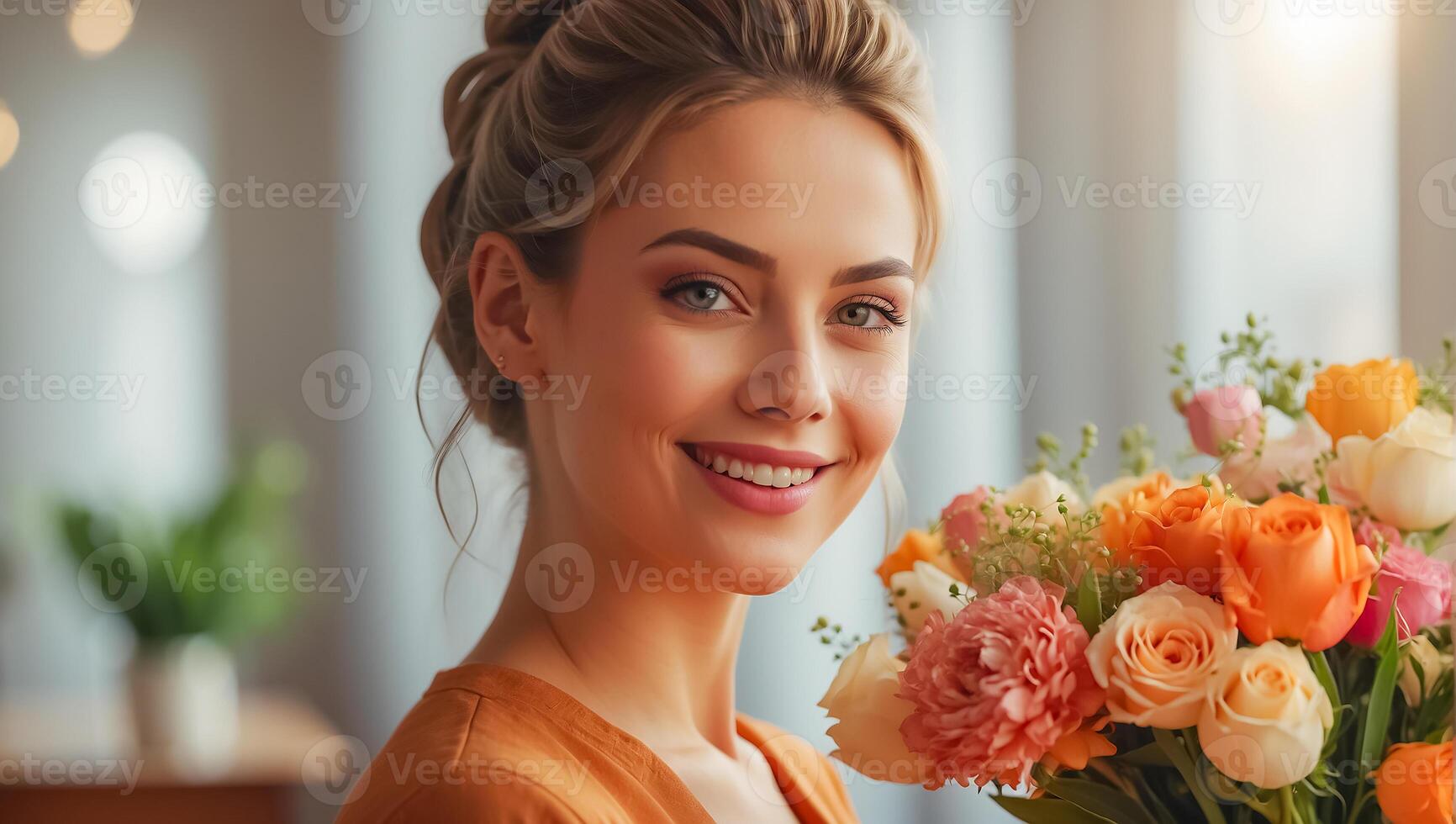 AI generated Portrait of a beautiful woman with a bouquet of flowers in the living room photo