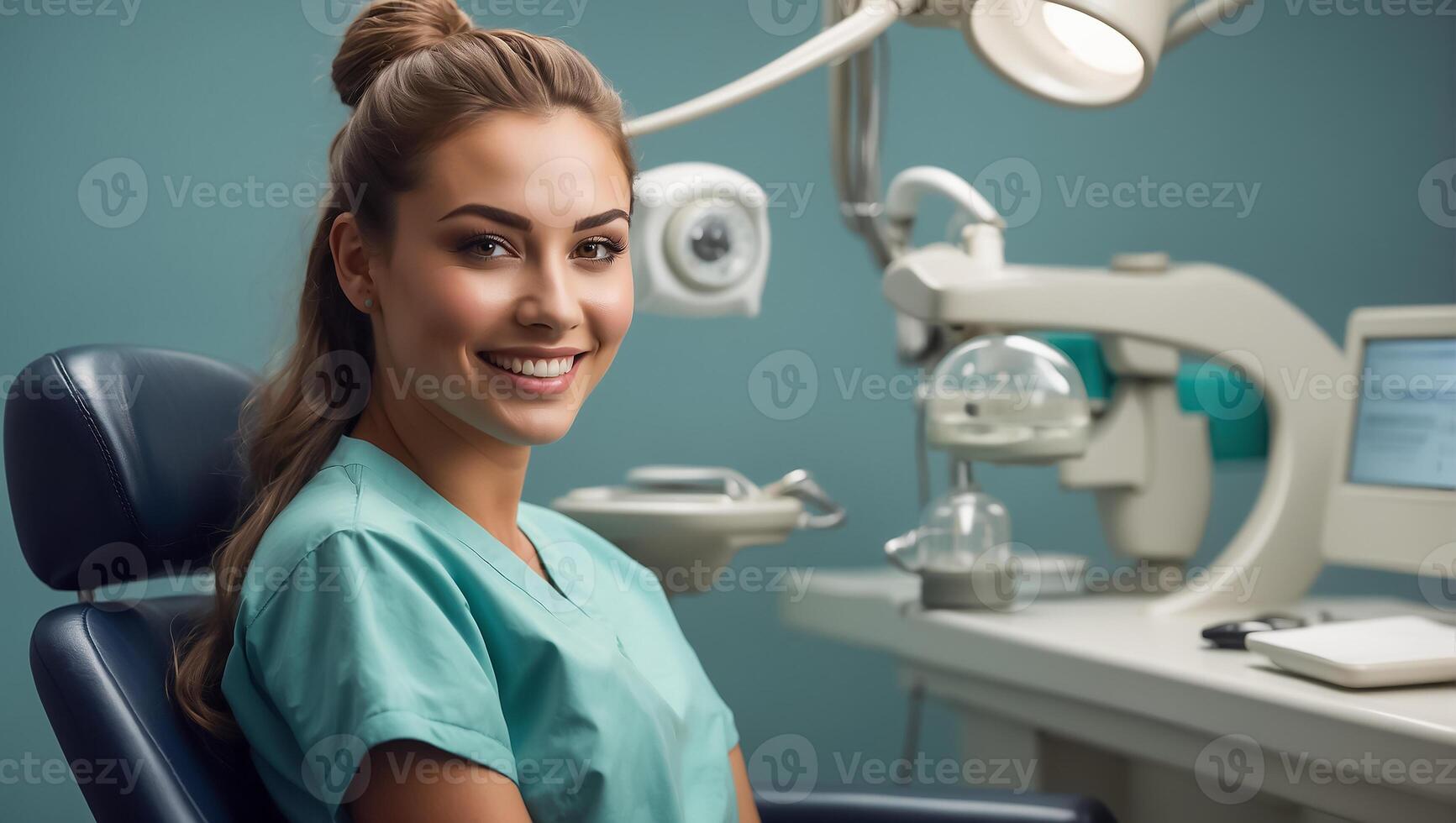 AI generated Beautiful girl in a dental chair in a clinic photo