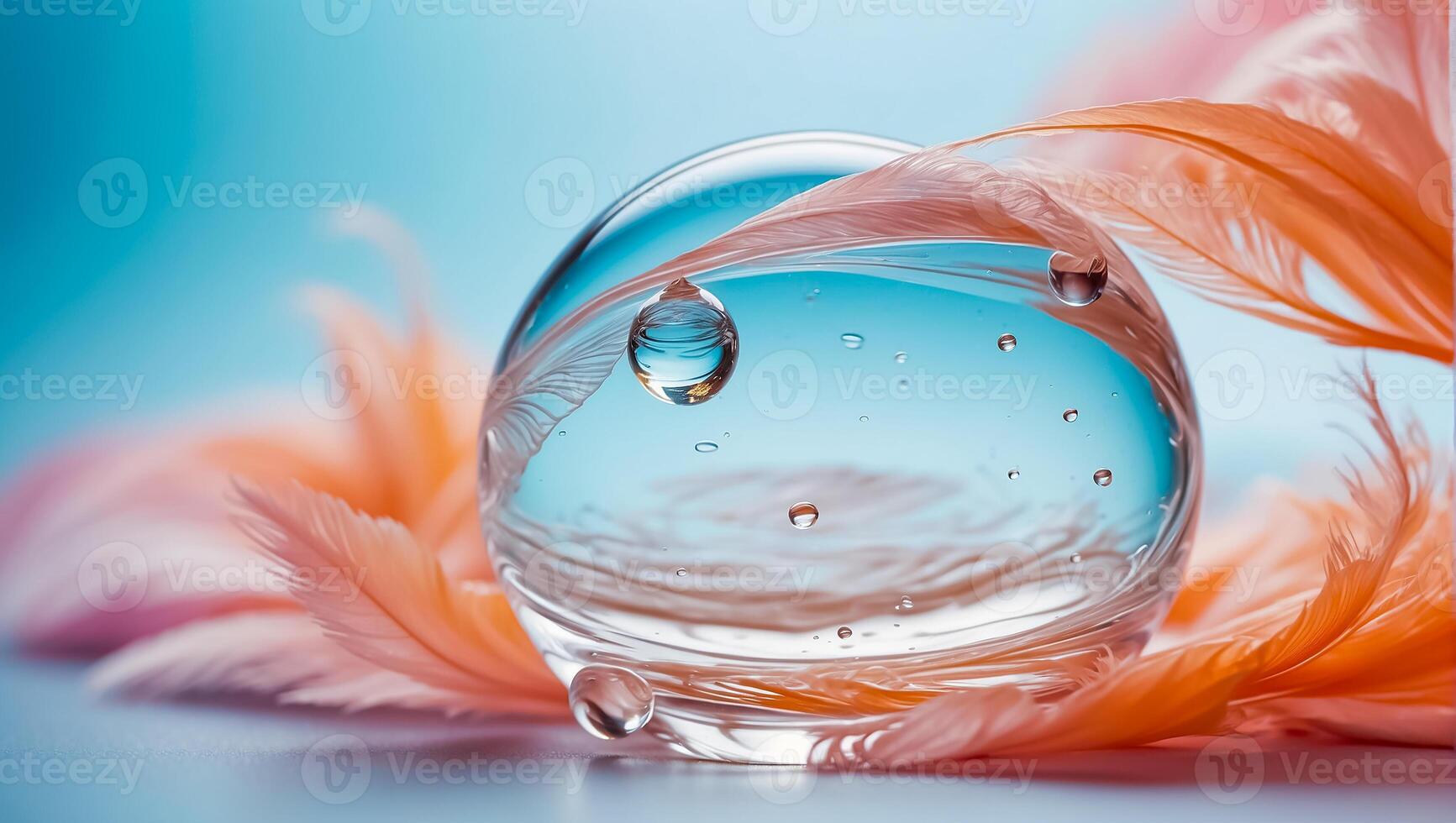 Beautiful feather, drop of water, color background photo