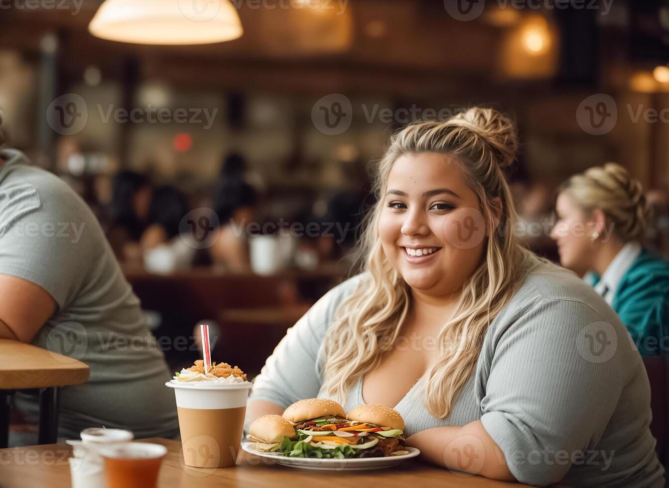 AI generated Portrait of a very fat woman in a cafe photo