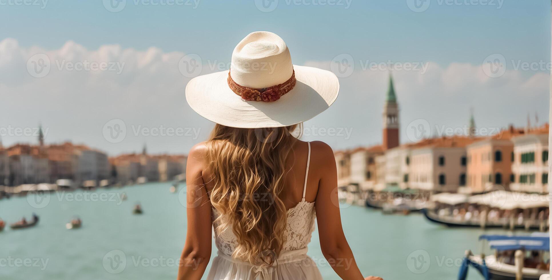 AI generated A girl in a hat and sundress with her back to the camera against the backdrop of Venice photo