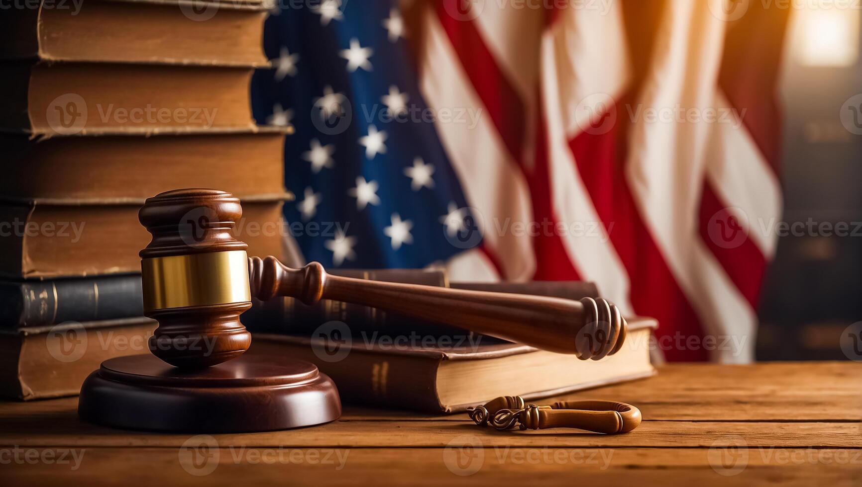 AI generated Judge gavel, American flag banner photo