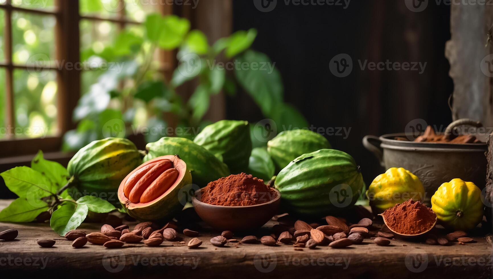 ai generado maduro cacao frutas en el cocina foto