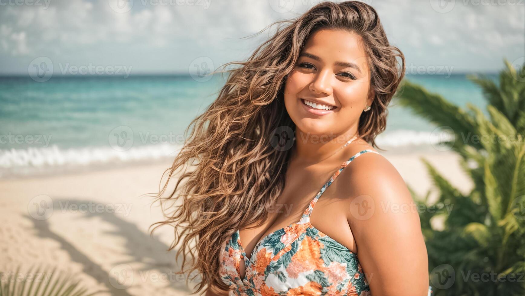 AI generated Beautiful very fat woman in a swimsuit on the beach photo