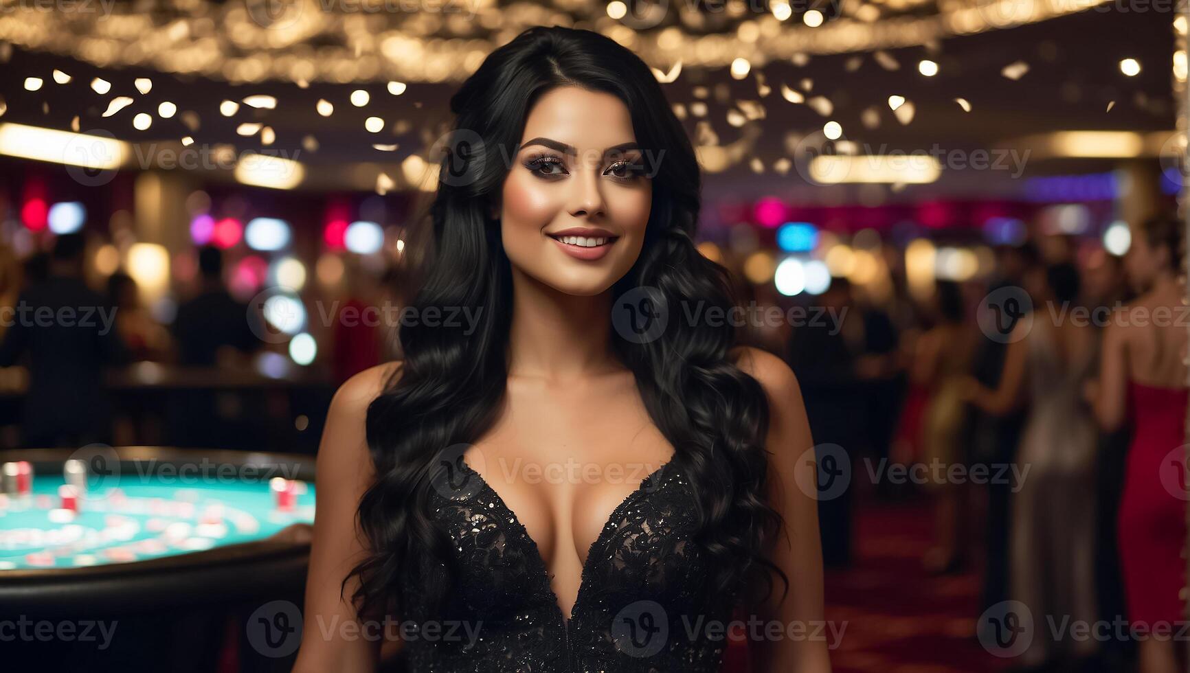 ai generado hermosa niña en un casino foto