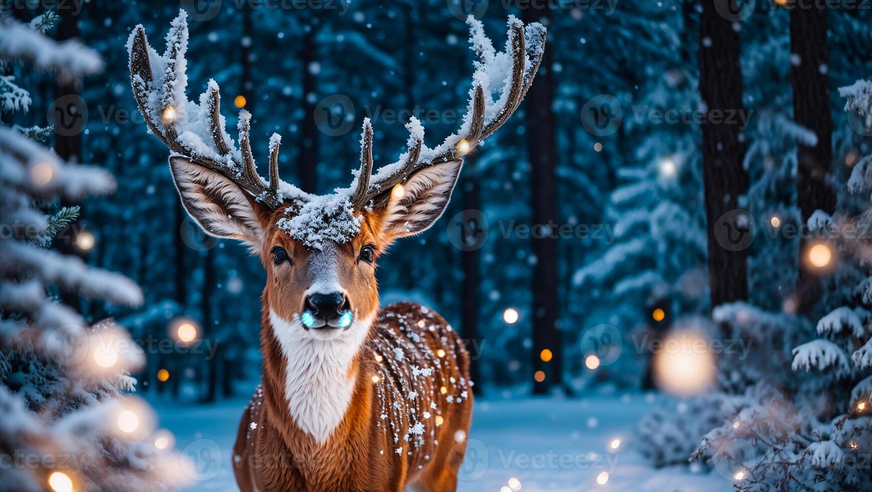 AI generated cute deer in the winter forest photo