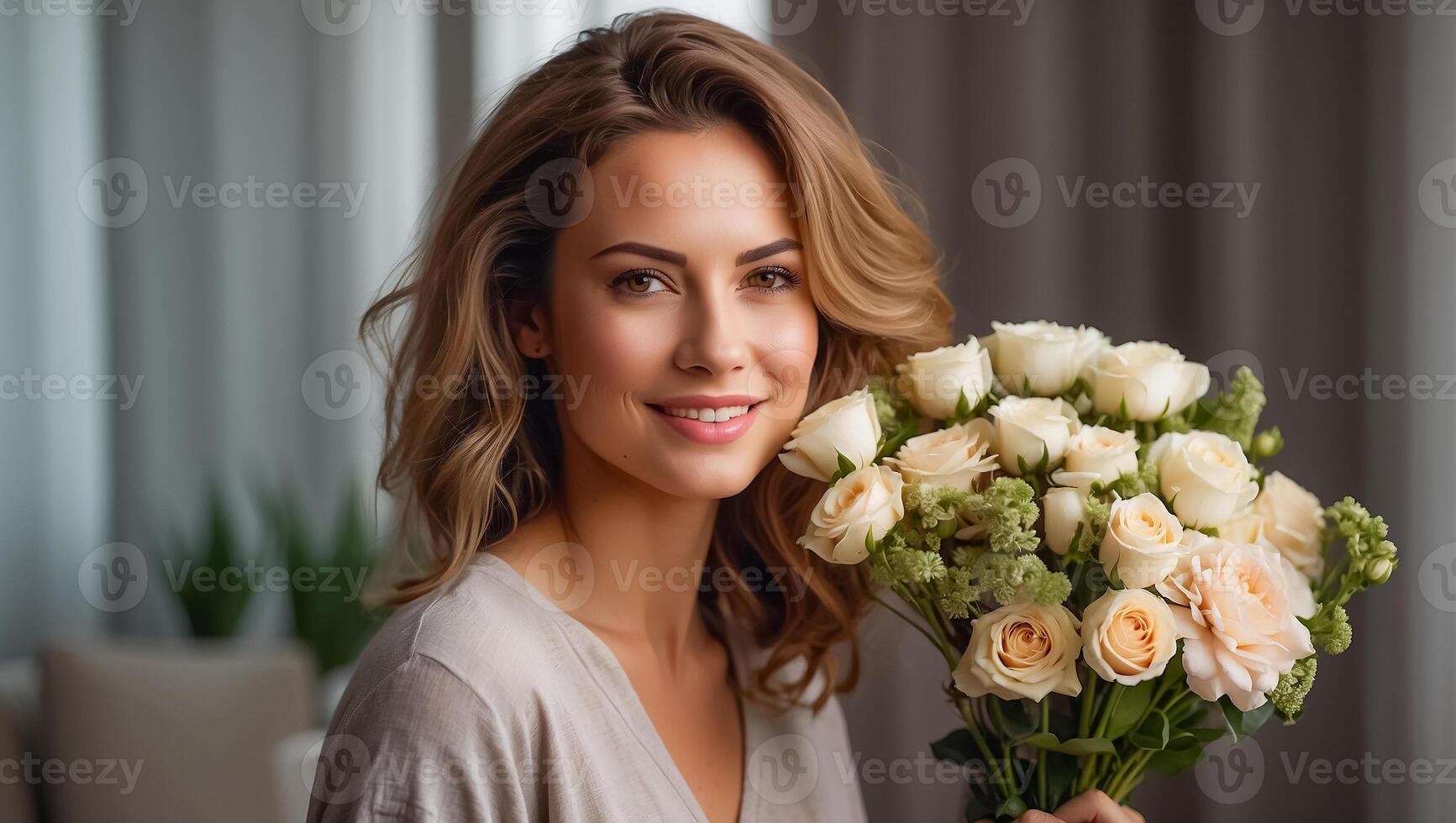 AI generated Portrait of a beautiful woman with a bouquet of flowers in the living room photo