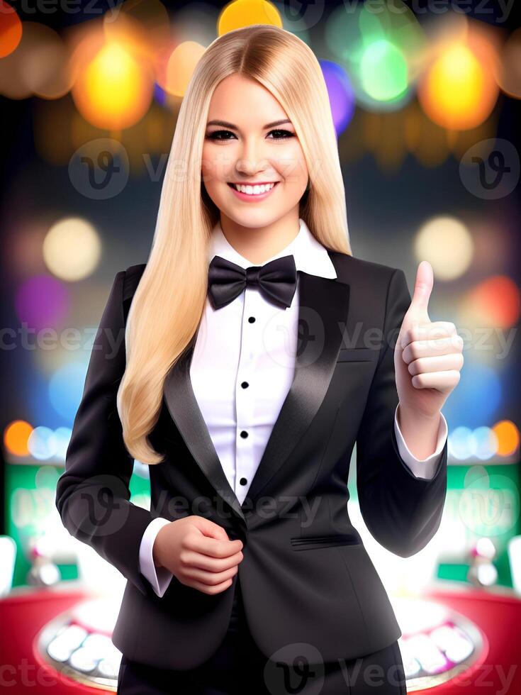 AI generated happy woman croupier or dealer wearing a tuxedo - Generated image photo