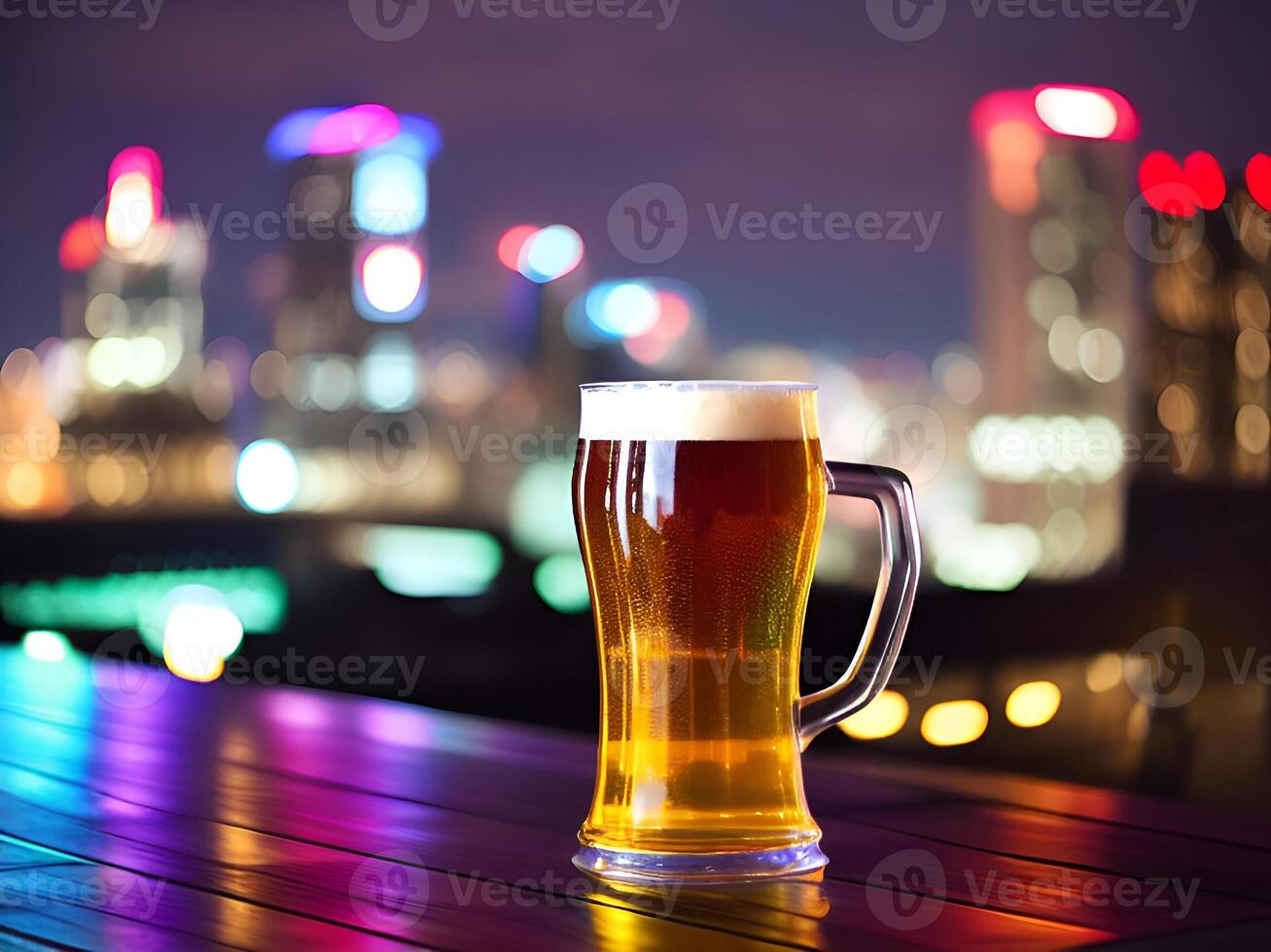 AI generated glass beer mug on table rooftop sky bar - Ai Generated photo