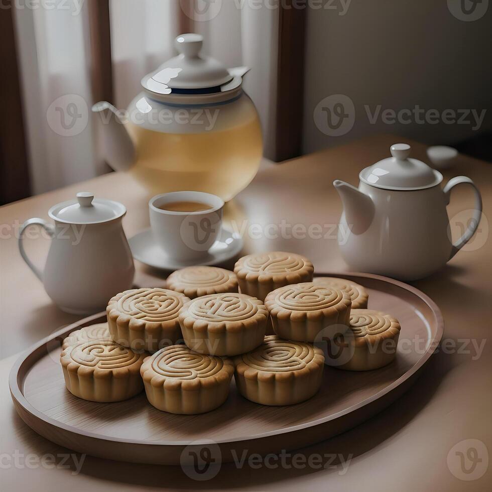 AI generated Mooncake traditional Chinese pastry served with tea for Mid Autumn day festival - Generated image photo