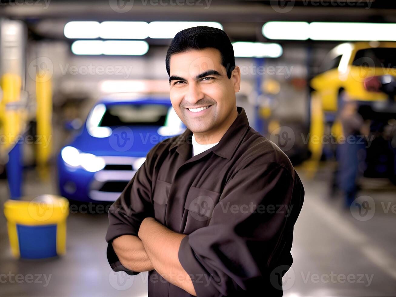 AI generated happy auto mechanic man in garage - Generated image photo