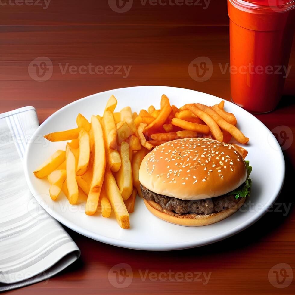 ai generado carne hamburguesa en un plato con papas fritas - generado imagen foto