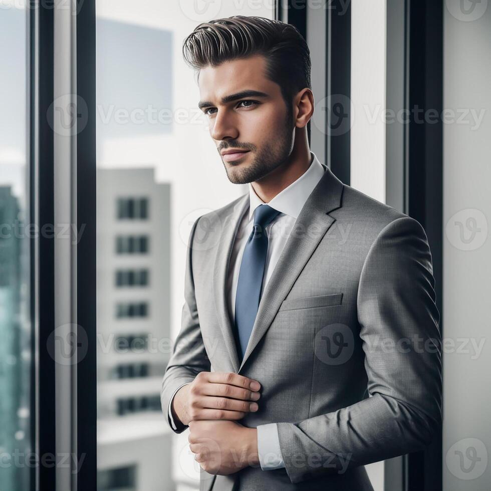 AI generated young business man with wearing a suit standing near modern window office - Generated image photo