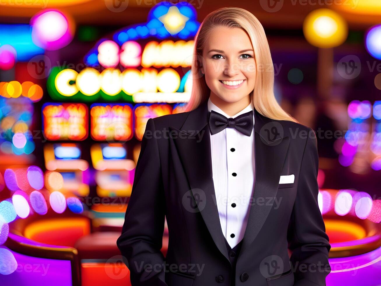 AI generated happy woman croupier or dealer wearing a tuxedo - Generated image photo