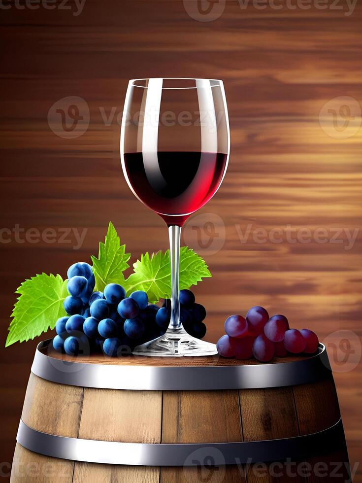 AI generated wine in a glass on a wine barrel - Generated image photo