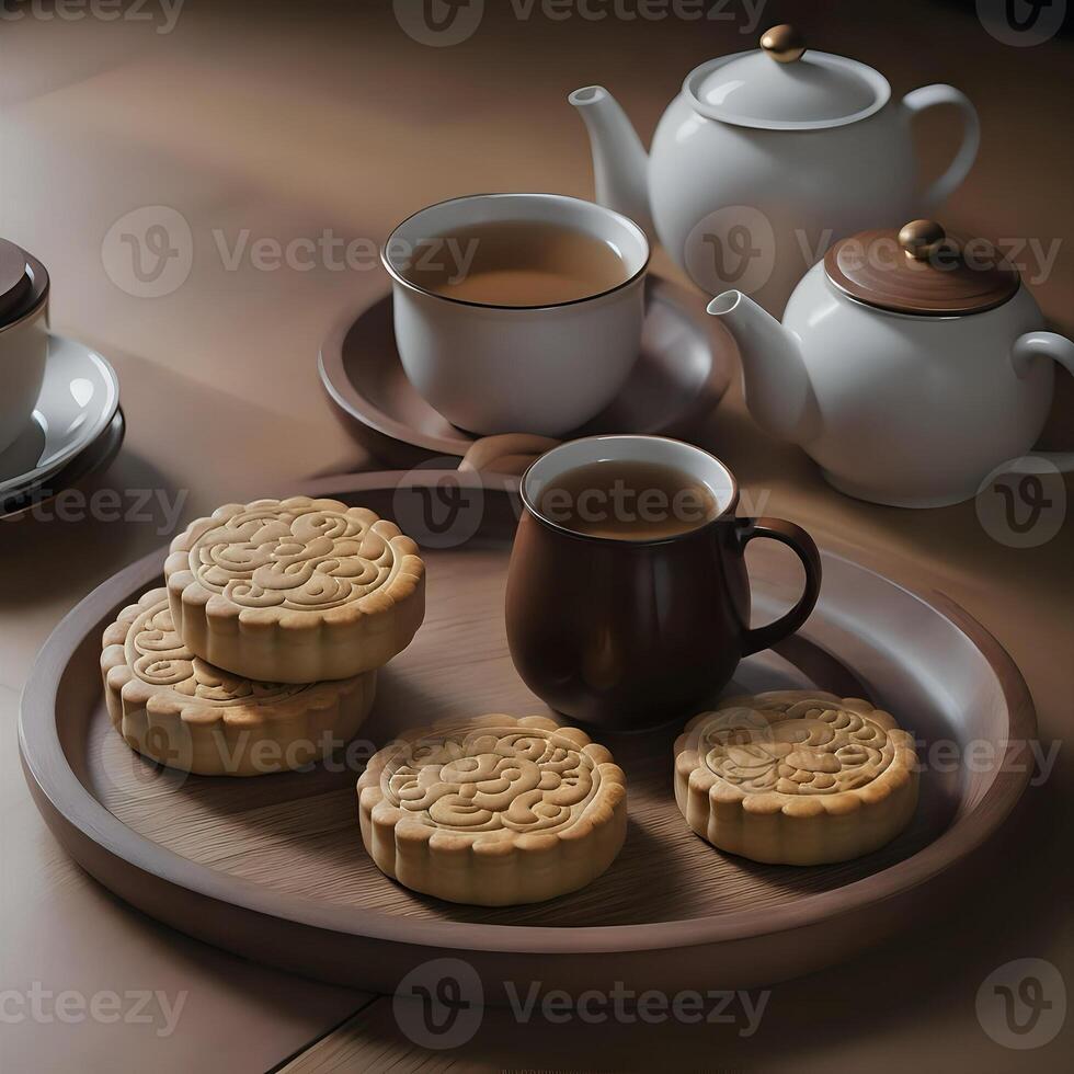 AI generated Mooncake traditional Chinese pastry served with tea for Mid Autumn day festival - Generated image photo