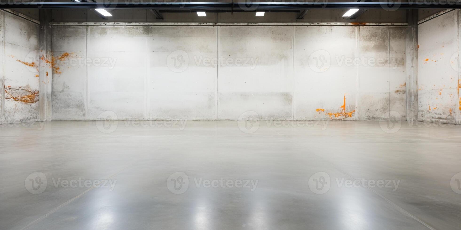 AI generated Empty warehouse with concrete wall and floor, abstract background photo